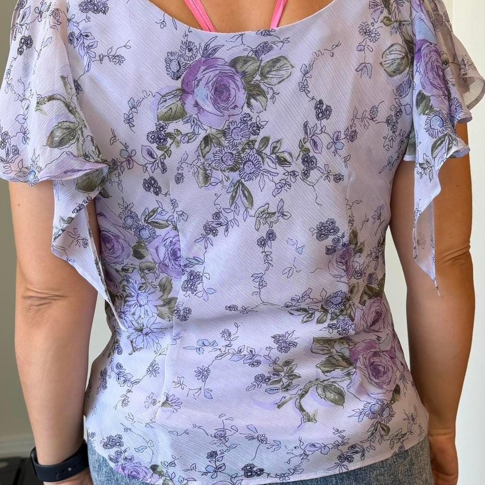 Vintage 90s Lavender Floral Chiffon Blouse Y2K Flutter Sleeve Top Sz Small - Picture 3 of 8